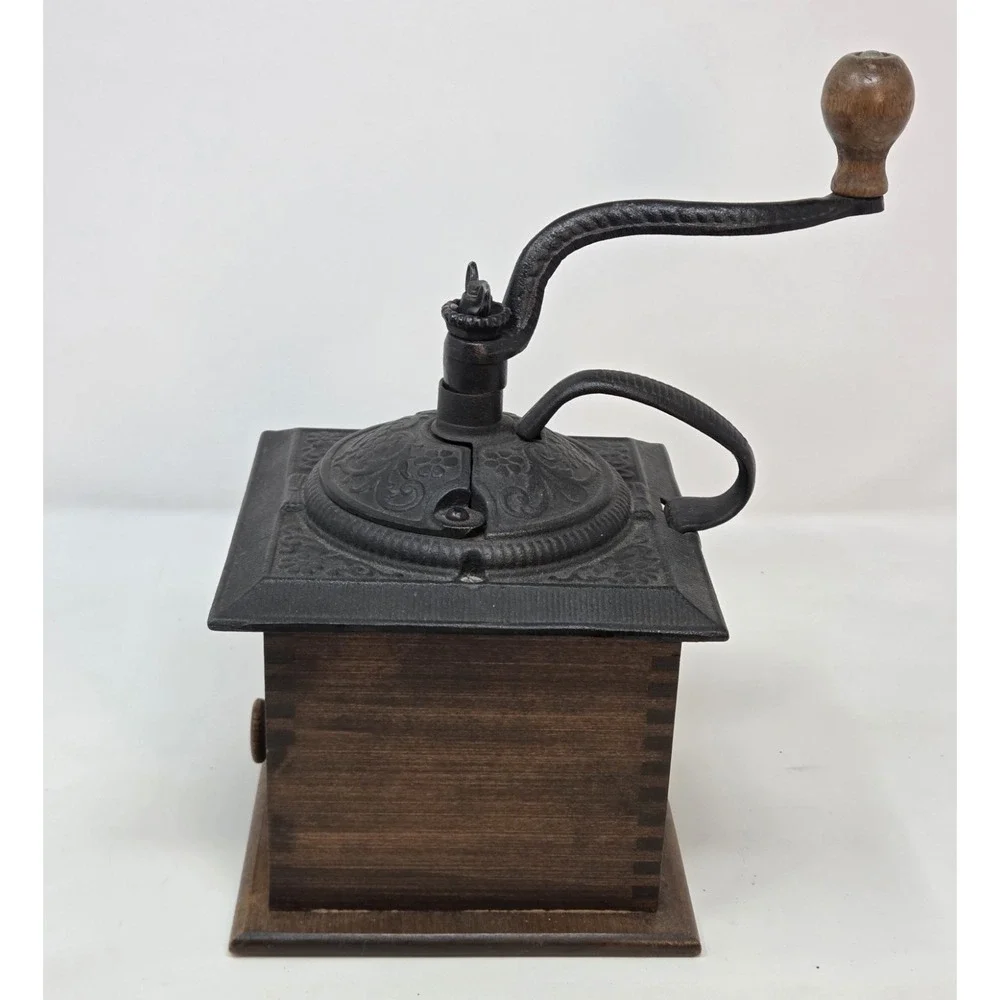 VINTAGE COFFEE GRINDER DOVETAIL WOOD WITH DRAWER & ORNATE CAST IRON TOP